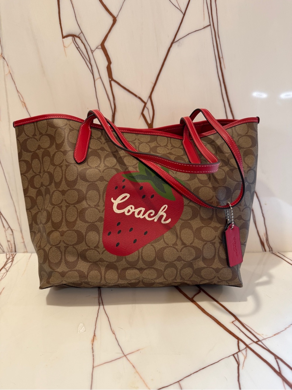 Coach Brown Signature Tote with Red Strawberry Detail